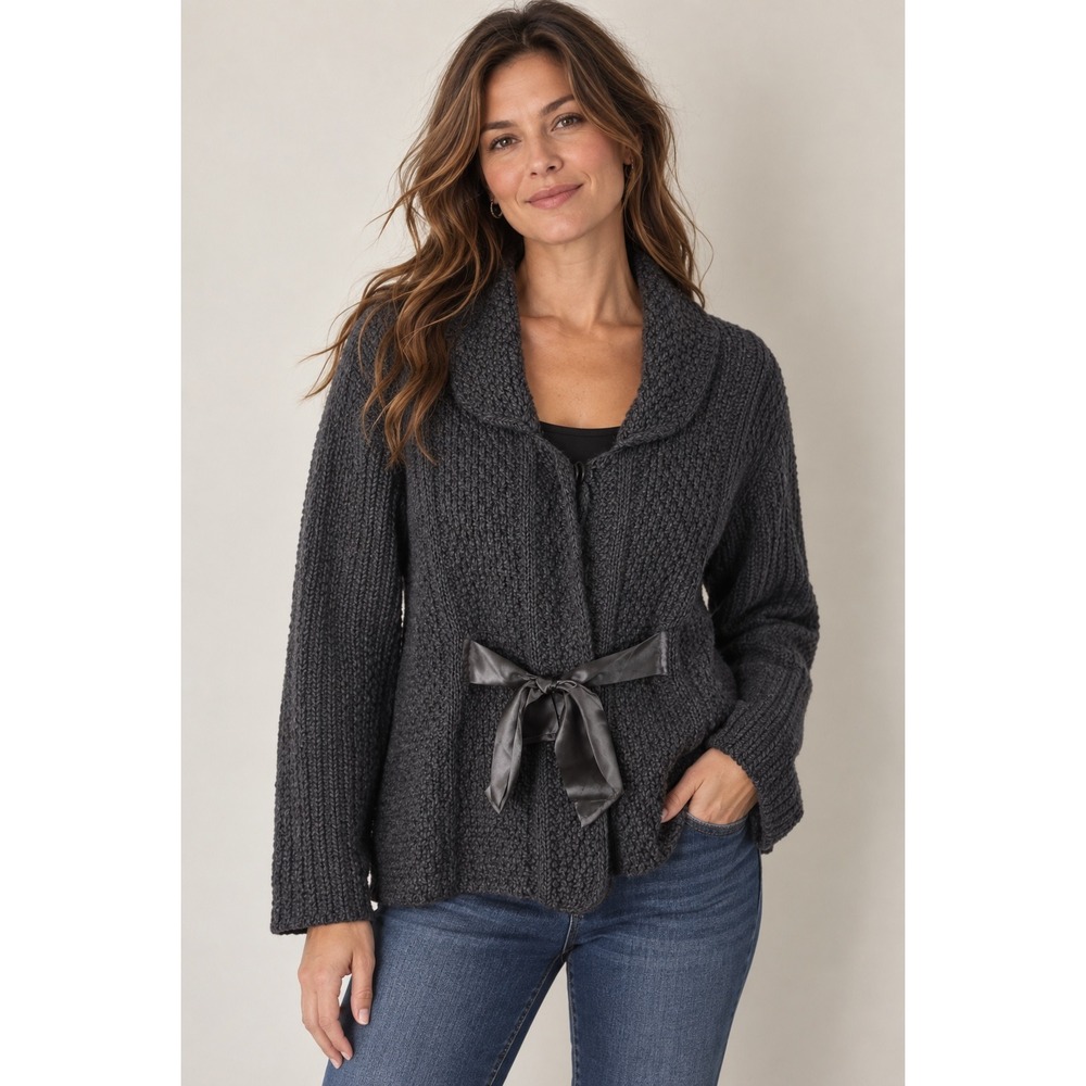 Bianco & Blu Cardigan Wool Blend Sweater Gray Ribbon Tie Italian Womens Large